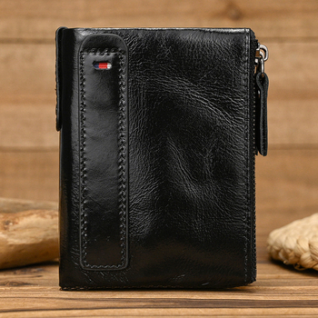 Férfi pénztárca valódi bőrből, RFID védelemmel, kétirányú cipzárral, első réteg tehénbőrből, poliészter bélés