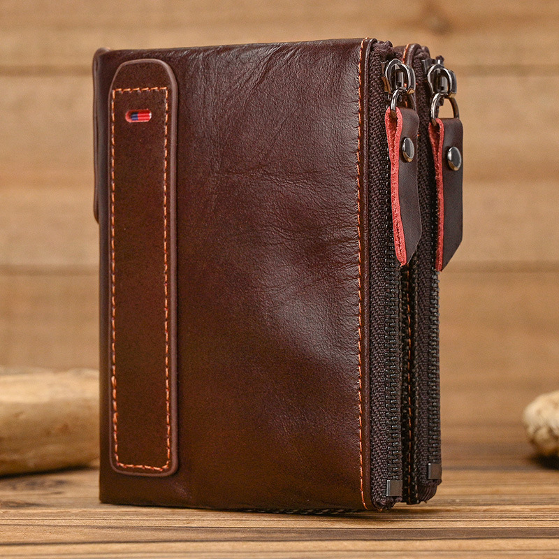 Férfi pénztárca valódi bőrből, RFID védelemmel, kétirányú cipzárral, első réteg tehénbőrből, poliészter bélés