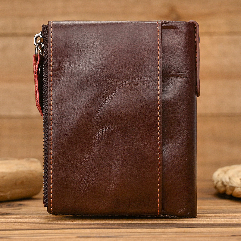 Férfi pénztárca valódi bőrből, RFID védelemmel, kétirányú cipzárral, első réteg tehénbőrből, poliészter bélés