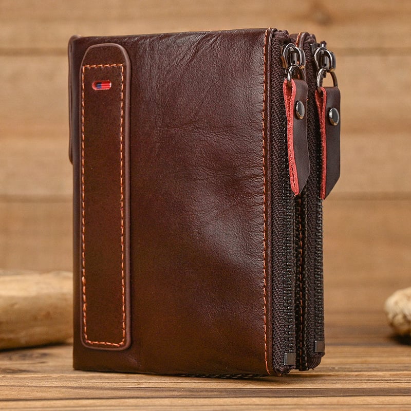 Férfi pénztárca valódi bőrből, RFID védelemmel, kétirányú cipzárral, első réteg tehénbőrből, poliészter bélés