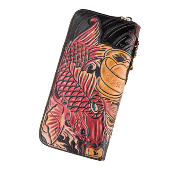 Paulson Portofel lung din piele naturală, lucrat manual, cu fermoar, piele din primul strat, stil clutch retro