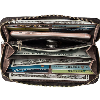 Paulson Portofel lung din piele naturală, lucrat manual, cu fermoar, piele din primul strat, stil clutch retro