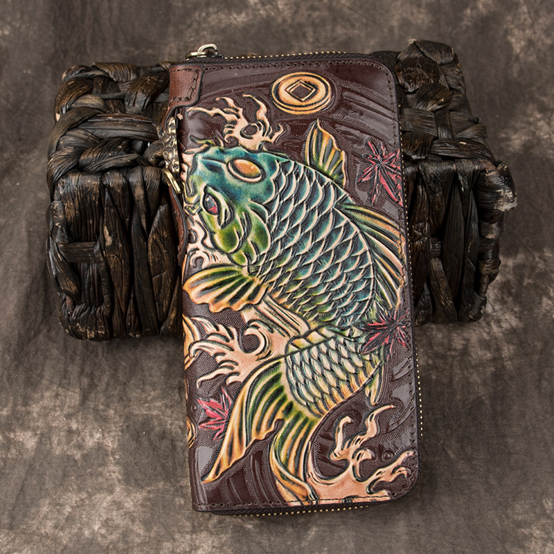 Paulson Portofel lung din piele naturală, lucrat manual, cu fermoar, piele din primul strat, stil clutch retro