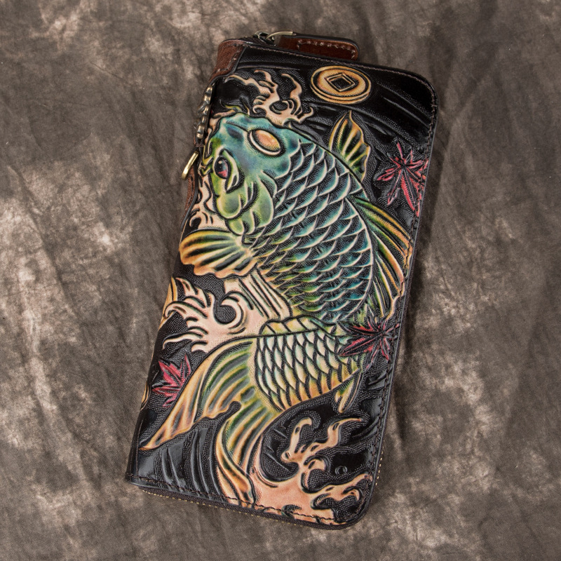 Paulson Portofel lung din piele naturală, lucrat manual, cu fermoar, piele din primul strat, stil clutch retro