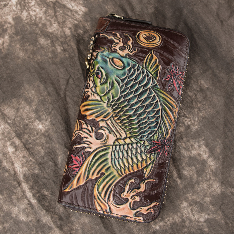 Paulson Portofel lung din piele naturală, lucrat manual, cu fermoar, piele din primul strat, stil clutch retro