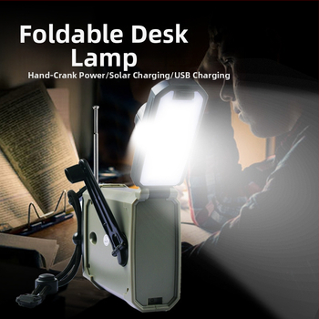 Ръчно задвижвано радио-фенерче – LED 3W, батерия 2000mAh, ръчно въртене и соларно захранване, водоустойчиво, 360° въртящо се аварийно осветление