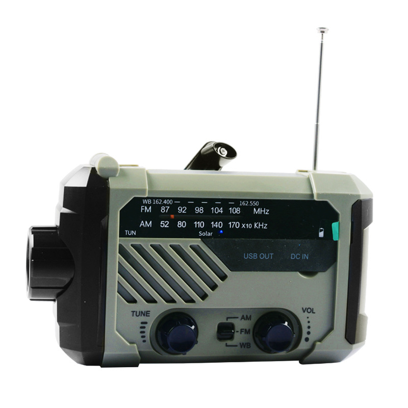 Ръчно задвижвано радио-фенерче – LED 3W, батерия 2000mAh, ръчно въртене и соларно захранване, водоустойчиво, 360° въртящо се аварийно осветление