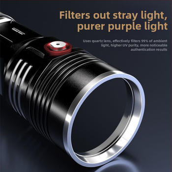 365nm UV фенерче, 60W, алуминиево тяло, презареждаем LED, за идентификация на тютюн, алкохол, керамика и нефрит, обхват до 50 м