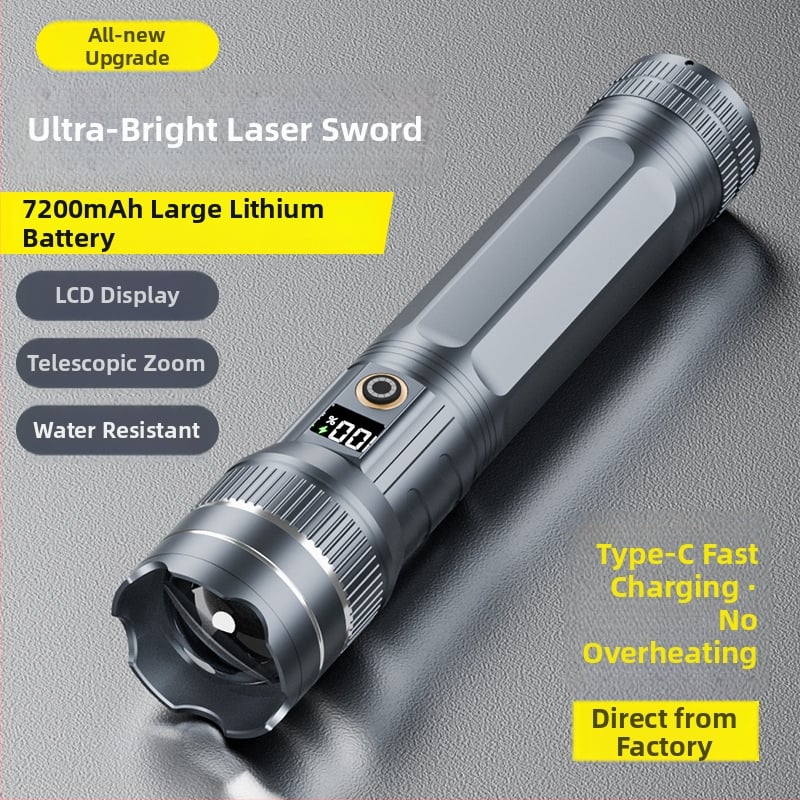 Фенер Sharp Leopard LED: 20W лазер, алуминиева сплав, 7000 mAh, обхват над 500 м, 360° въртене, презареждаем, зарядно в комплекта