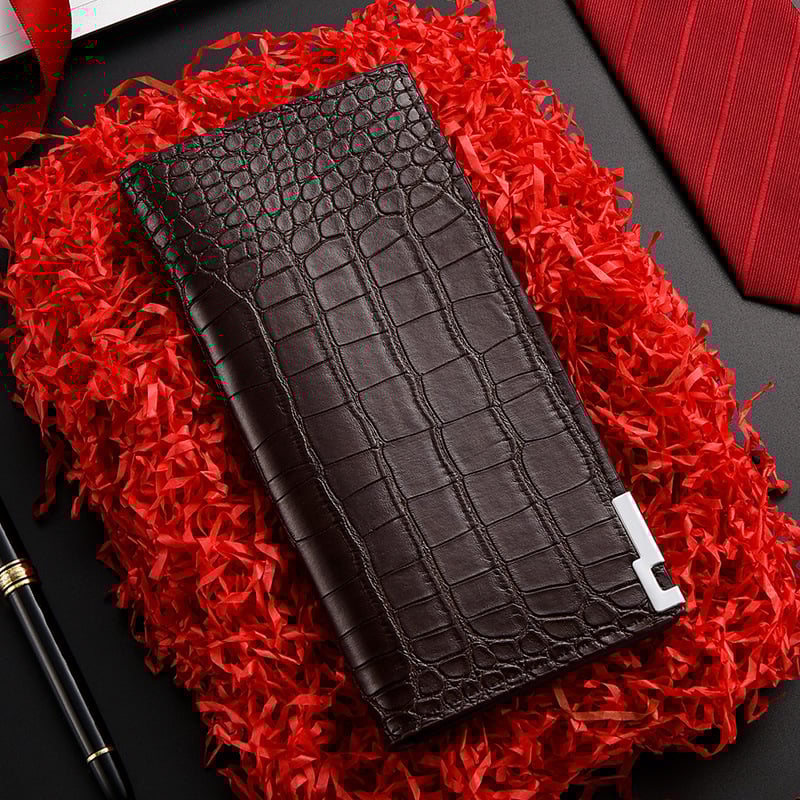 Férfi hosszú pénztárca cipzárral, PU bőr, krokodil mintával, több kártyatartóval, ultrakönnyű és vízálló