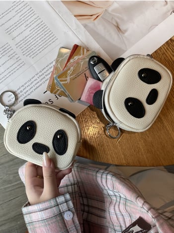 Novčanik za sitne u obliku panda, s dvostrukim zatvaračem, od kože prvog sloja teleće kože, jednoslojni dizajn