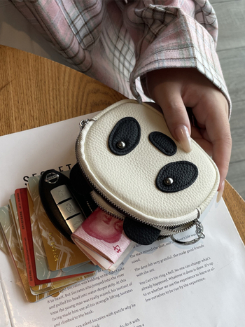 Novčanik za sitne u obliku panda, s dvostrukim zatvaračem, od kože prvog sloja teleće kože, jednoslojni dizajn
