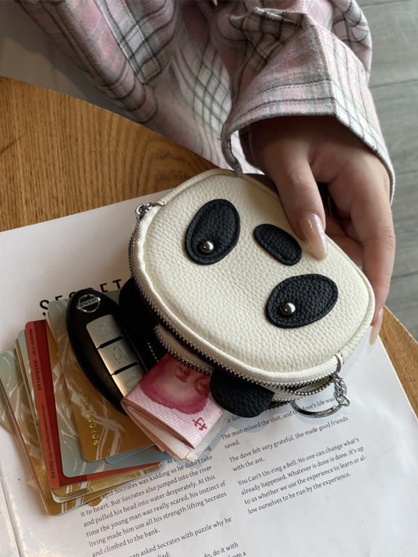 Novčanik za sitne u obliku panda, s dvostrukim zatvaračem, od kože prvog sloja teleće kože, jednoslojni dizajn