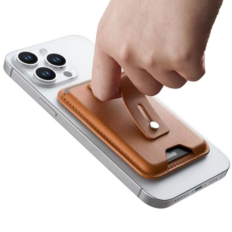 Magnetski kožni držač kartica s držalom za telefon za iPhone 12–16 – 13PU koža + metalni kaiš; prilagodba logotipa