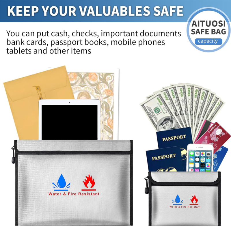 Plic pentru documente cu fermoar, impermeabil și rezistent la umezeală, ignifug și la temperaturi înalte, pentru depozitarea de bani și obiecte de valoare, material: țesătură din silicon ignifug