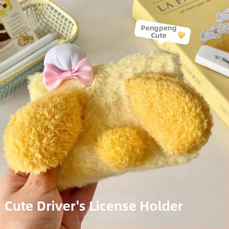 Bingbing suport din pluș pentru permisul de conducere – unisex, stil desen animat pentru copii, căptușeală PU (material pluș, căptușeală PU, unisex, pentru păstrarea permisului)
