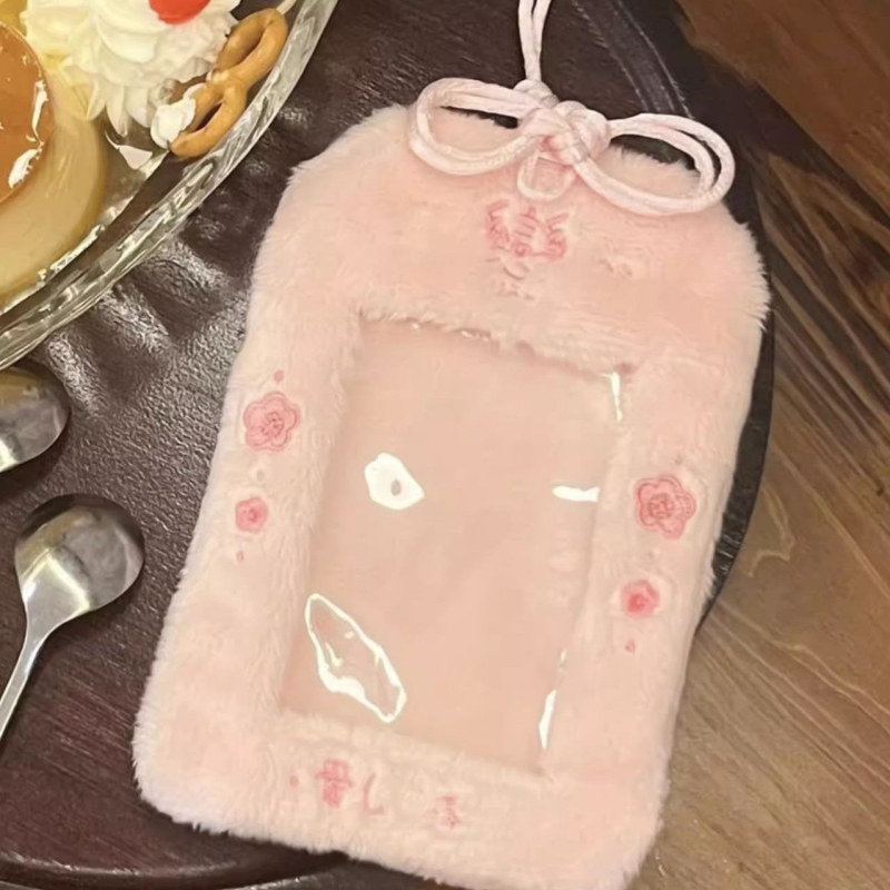 Плюшен държач за карти с мотив сакура — сладък калъф за карти от полиестер