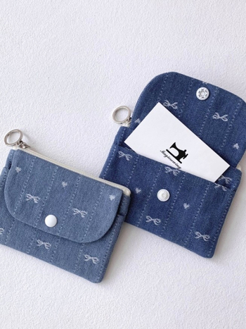 Portofel din denim cu model fundă – Unisex, pentru carduri/ID, căptușeală din poliester, primăvara 2025