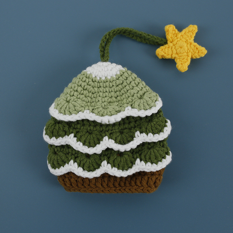 Geantă pentru chei croşetată din lână, model dungat, cu un buzunar pliabil, stil proaspăt și dulce, lucrată manual