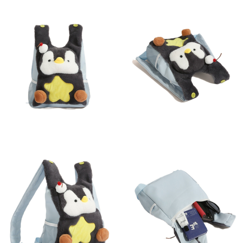 Rucsac pluș cu pinguin pentru elevi – material din mătase cu imprimeu floral, design 3D, lansare primăvara 2025