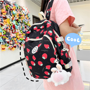 Mokyklinė kuprinė mergaitėms: braškių spaudinys, korėjietiškas stilius; nailonas; išlenkti pečių dirželiai; lengva, išplėčiama, stuburo apsauga