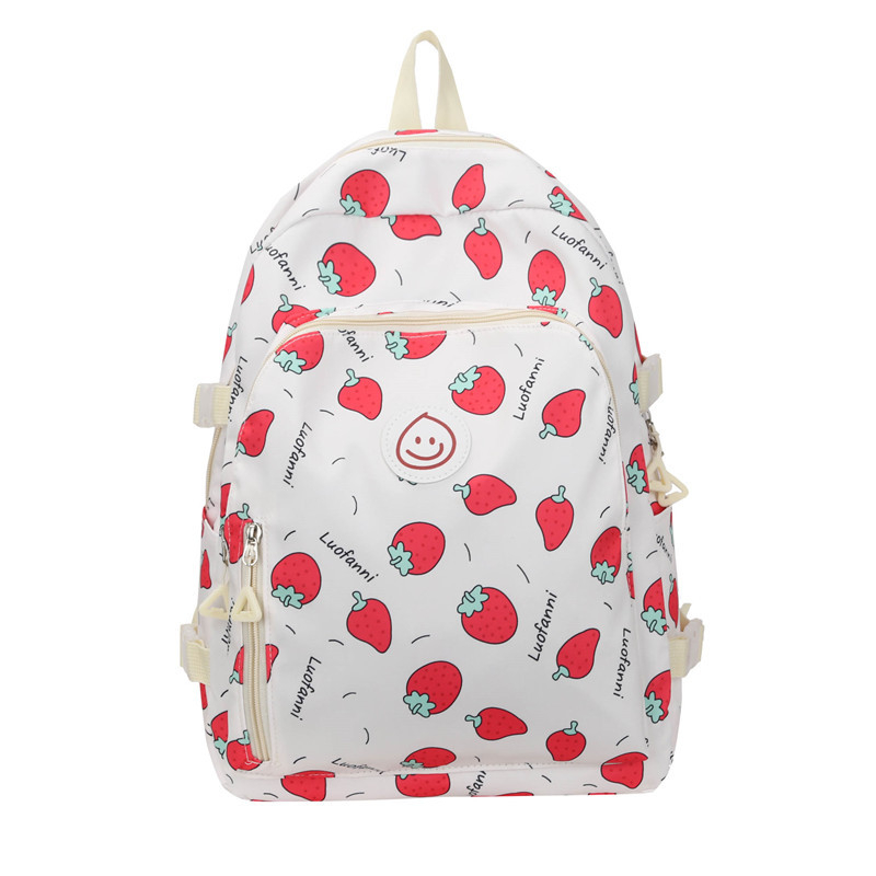 Mokyklinė kuprinė mergaitėms: braškių spaudinys, korėjietiškas stilius; nailonas; išlenkti pečių dirželiai; lengva, išplėčiama, stuburo apsauga