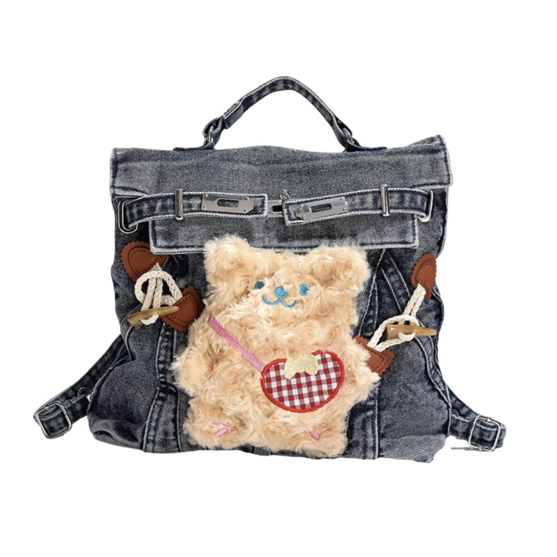 Denim ruksak sa slatkim crtić medvjedićem – Unisex, za 10-inčni laptop, kapacitet ispod 20 L, proljeće 2025
