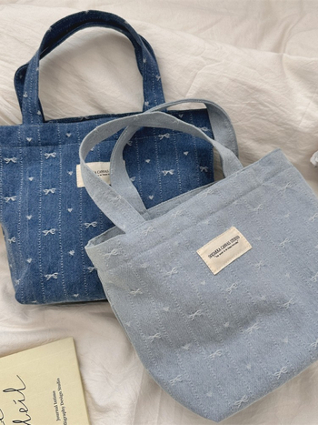 Denim Tote torba s platnom podstavom, ulični stil, otvorena džep, dvostruke ručke