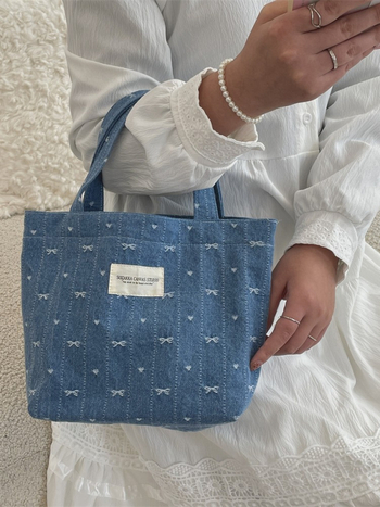 Denim Tote torba s platnom podstavom, ulični stil, otvorena džep, dvostruke ručke