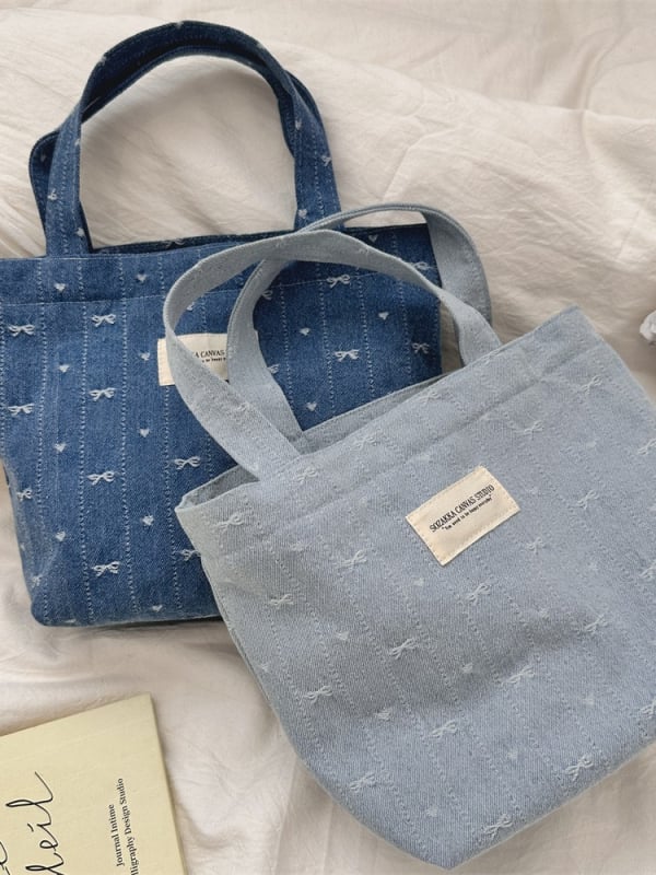 Denim Tote torba s platnom podstavom, ulični stil, otvorena džep, dvostruke ručke