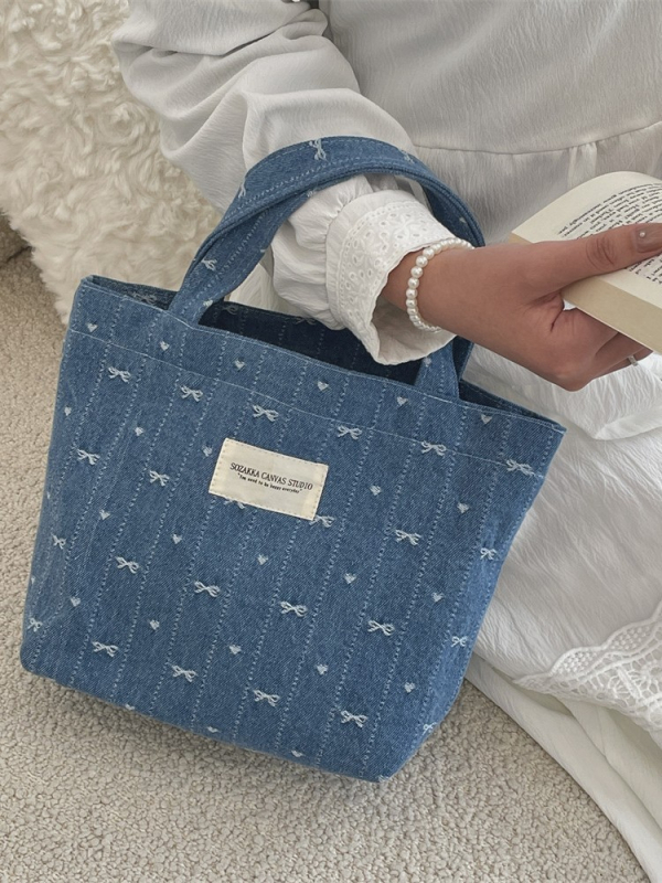 Denim Tote torba s platnom podstavom, ulični stil, otvorena džep, dvostruke ručke