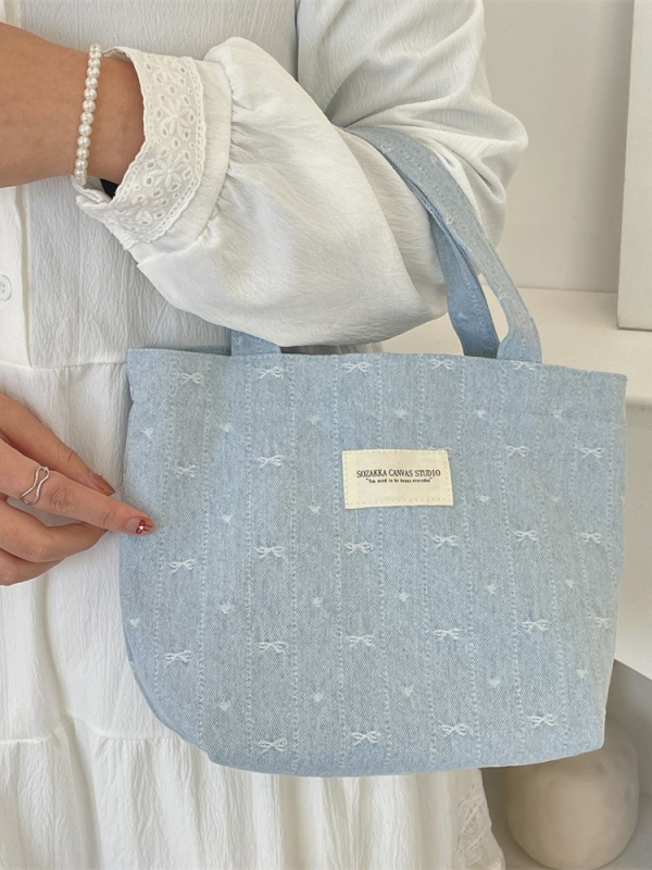 Denim Tote torba s platnom podstavom, ulični stil, otvorena džep, dvostruke ručke