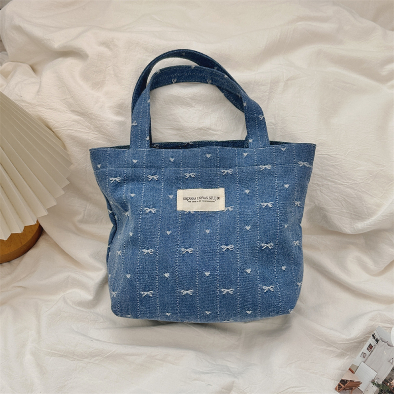 Denim Tote torba s platnom podstavom, ulični stil, otvorena džep, dvostruke ručke