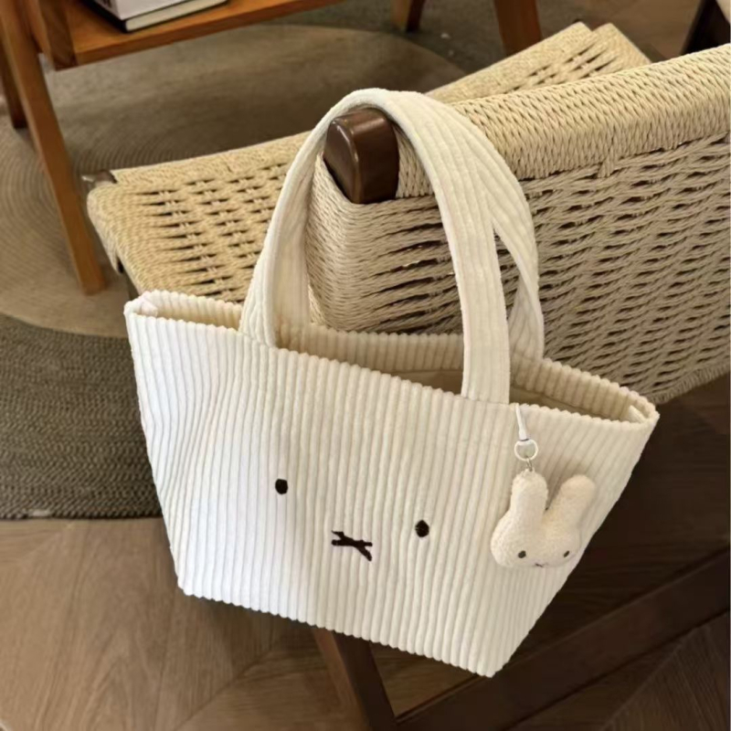 Corduroy tote torba s izvezenim zekom, japanski stil, otvoreni vrh, 3D vanjski dizajn, podstava od neprozivne tkanine, dvostruke ručke