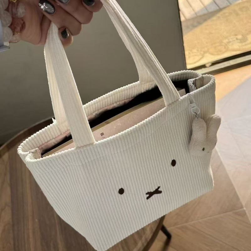 Corduroy tote torba s izvezenim zekom, japanski stil, otvoreni vrh, 3D vanjski dizajn, podstava od neprozivne tkanine, dvostruke ručke
