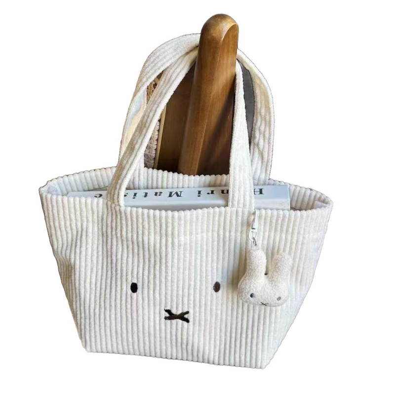 Corduroy tote torba s izvezenim zekom, japanski stil, otvoreni vrh, 3D vanjski dizajn, podstava od neprozivne tkanine, dvostruke ručke