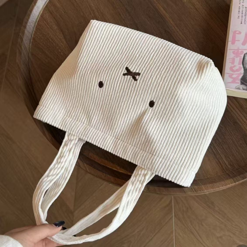 Corduroy tote torba s izvezenim zekom, japanski stil, otvoreni vrh, 3D vanjski dizajn, podstava od neprozivne tkanine, dvostruke ručke