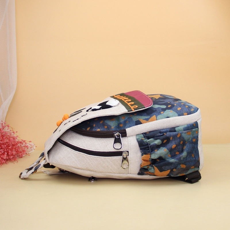 Rucsac pentru femei cu motif Panda, material din amestec de in, stil literar național, căptușeală poliester, lansare primăvara 2025, potrivit pentru călătorii de agrement