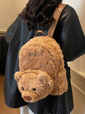 Rucsac pluș ursuleț, stil desen animat pentru copii, capacitate mare, închidere cu fermoar, Iarna 2025