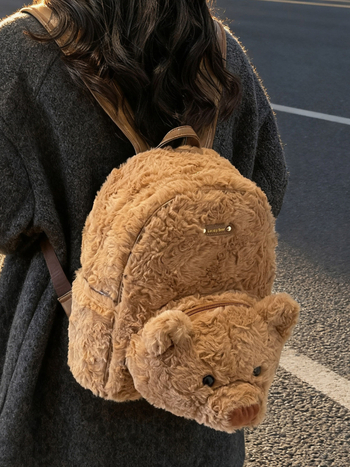 Rucsac pluș ursuleț, stil desen animat pentru copii, capacitate mare, închidere cu fermoar, Iarna 2025