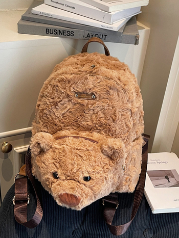 Rucsac pluș ursuleț, stil desen animat pentru copii, capacitate mare, închidere cu fermoar, Iarna 2025