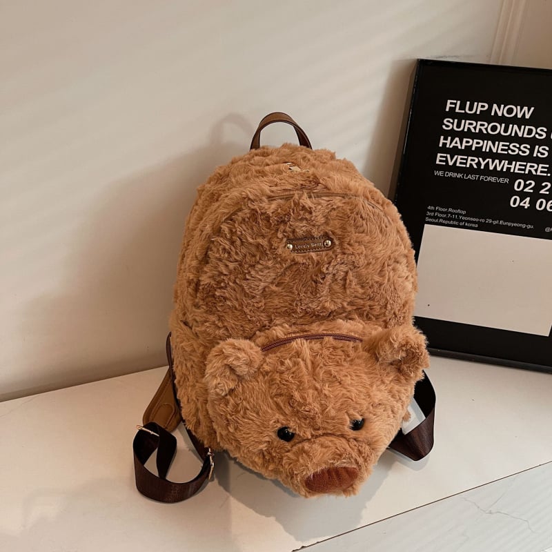 Rucsac pluș ursuleț, stil desen animat pentru copii, capacitate mare, închidere cu fermoar, Iarna 2025