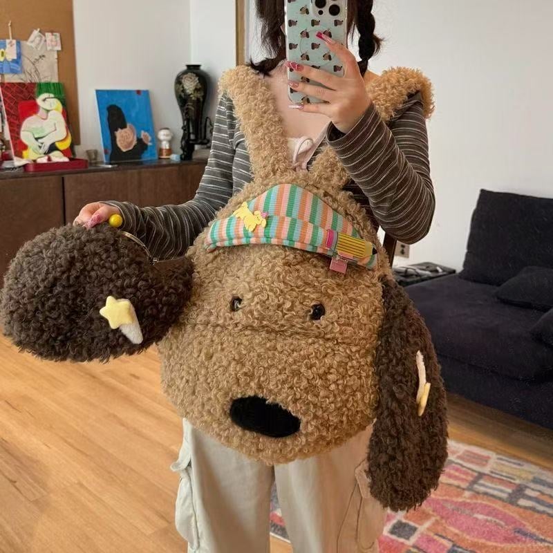 Rucsac de călătorie cu pui de pluș (Material: catifea; Stil: călătorie de loisir; Funcție: impermeabil; Deschidere: fermoar; Structură internă: buzunar pentru telefon)