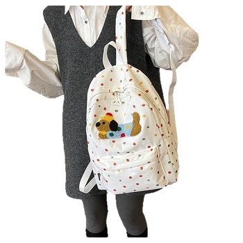 Mergaitėms skirta kuprinė su šuniuko taškų motyvu; didelė talpa, lengva, kvėpuojanti konstrukcija, nailonas, poliesterio pamušalas, laisvalaikio kelionės stilius