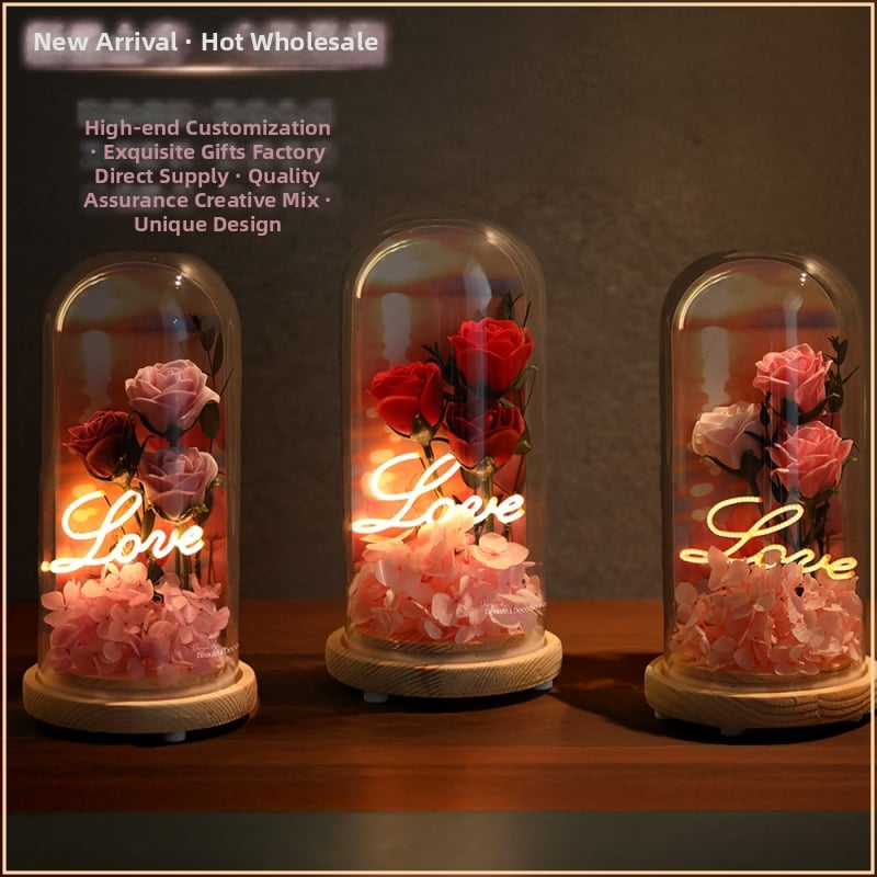 Trandafir cu capac de sticlă și flori conservate – cutie cadou cu flori, potrivită pentru Ziua Îndrăgostiților, nunți și zile de naștere
