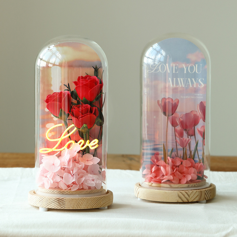 Trandafir cu capac de sticlă și flori conservate – cutie cadou cu flori, potrivită pentru Ziua Îndrăgostiților, nunți și zile de naștere