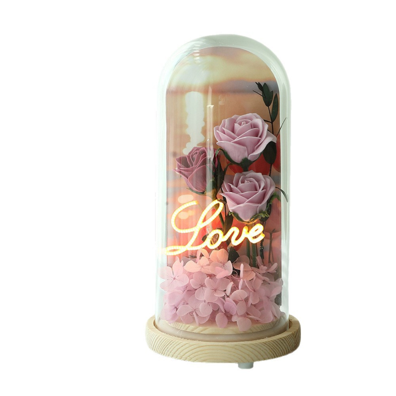 Trandafir cu capac de sticlă și flori conservate – cutie cadou cu flori, potrivită pentru Ziua Îndrăgostiților, nunți și zile de naștere