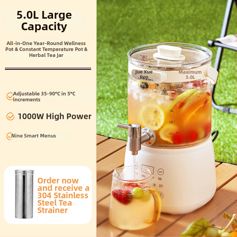 Daudzfunkcionāla veselības pot tējas un ūdens pagatavotājs ar digitālo termostatu, stikla korpuss, iekšējā tvertne no 304 nerūsējošā tērauda, 4 L tilpums, 220 V, 1000 W