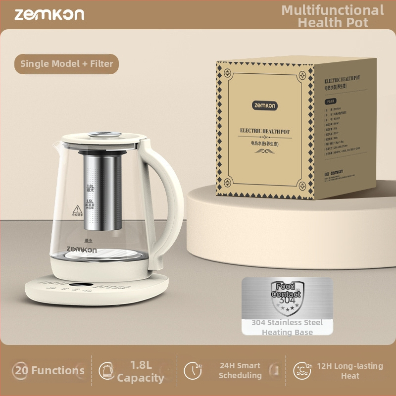 Zemkon Health Pot – Viacúčelová kanvica na čaj s konštantnou teplotou, sklenené telo z borosilikátového skla, 1,8 L, 800 W, 220 V, dotykové ovládanie