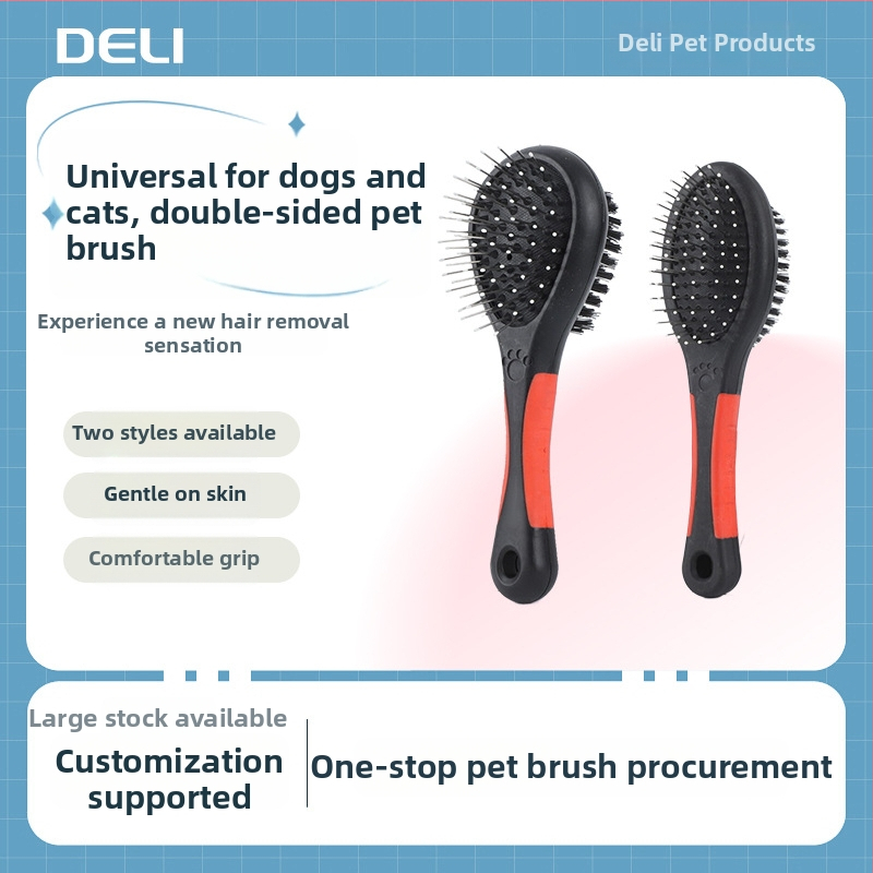Dvojstranný hrebeň pre domáce zvieratá — psy a mačky, rozčesávanie uzlov, odstraňovanie chlpov, masáž; Materiály: PP, TPR, železná povrchová úprava; Možnosť súkromnej značky